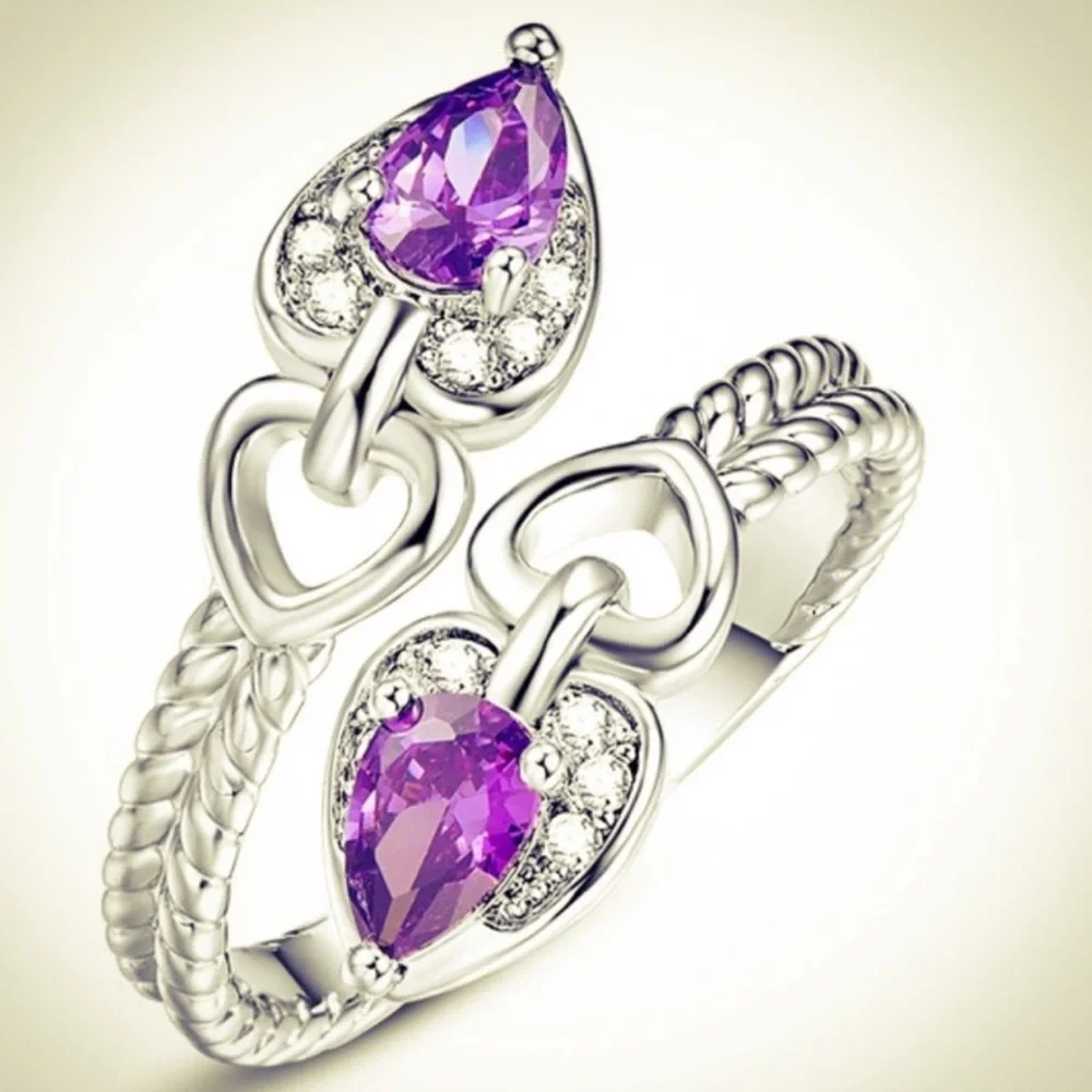 New S925 Sterling Silver Purple Amethyst & Morganite Heart Tear Drop Ring